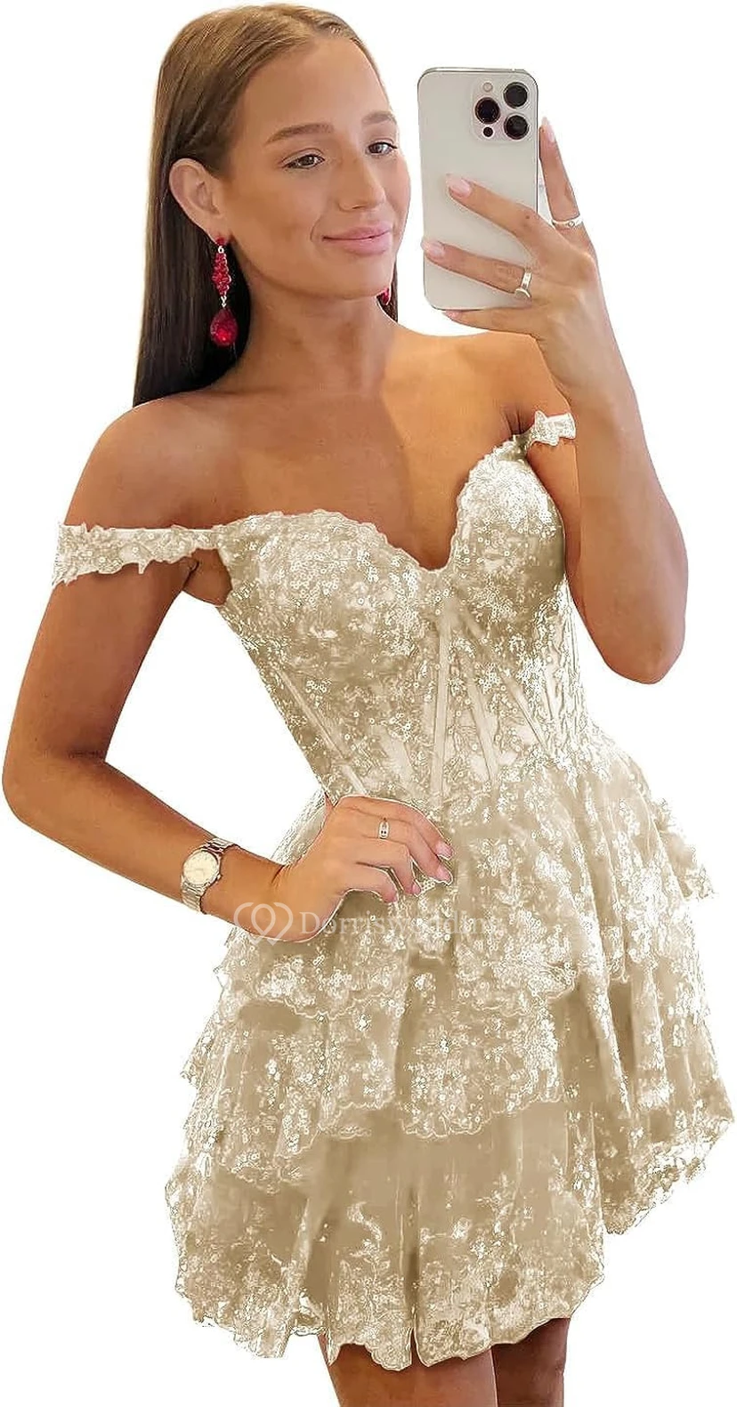 Blue Off-the-Shoulder Short Dress with Lace view 46