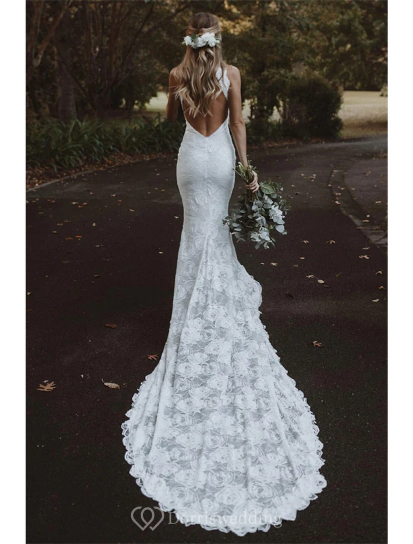 Modern Halter Lace Wedding Dress with Front Slit view 6