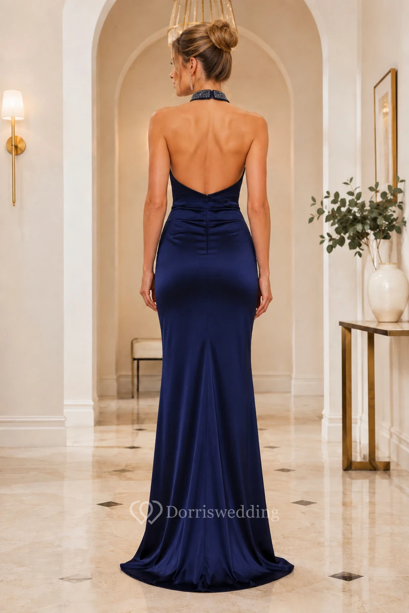 Dark Navy Halter Sheath Evening Dress with Open Back view 2