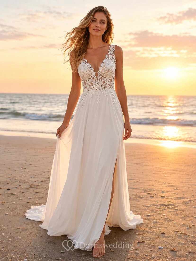 Vestido de novia bohemio playero con escote en V, encaje y corte en A, con espalda descubierta.