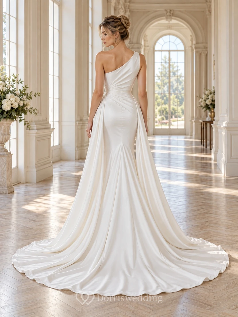 One Shoulder Ruched Satin Narrow Mermaid Flowing Train Bridal Reception Gown view 2