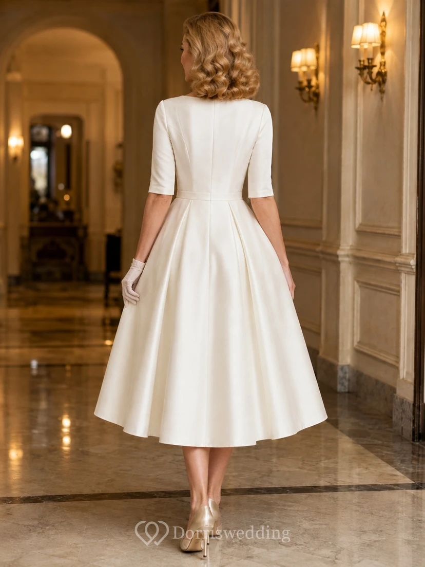 Vintage Teelanges Brautkleid aus Satin mit V-Ausschnitt, halben Ärmeln, Knöpfen und A-Linien-Schnitt view 2
