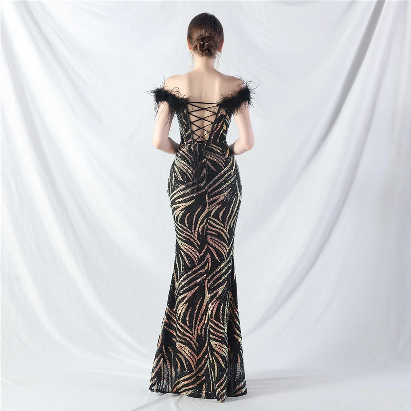 Robe de soirée haut de gamme à sequins, ornée d'un gilet à taille en arêtes de poisson et de plumes d'autruche. view 55