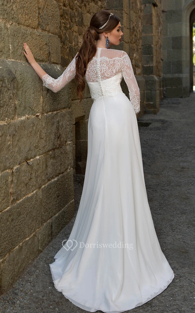 A-Line Long Jewel-Neck Illusion-Sleeve Zipper Chiffon Dress With Split Front And Beading view 2