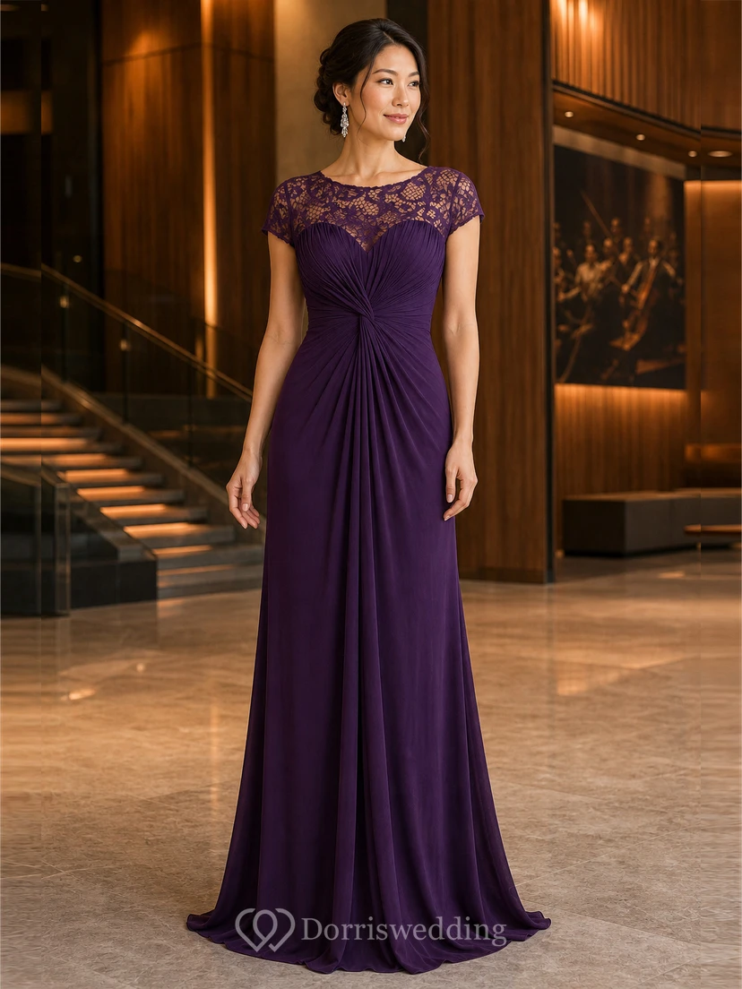 Robe longue à manches courtes froncée pour la mère de la mariée, avec encolure en dentelle illusion view 13