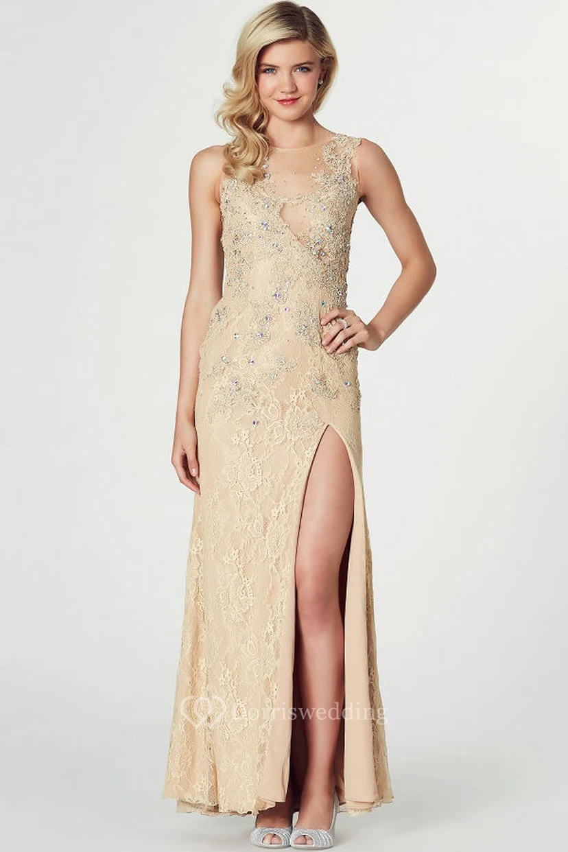 Sheath Sleeveless Split-Front Jewel-Neck Floor-Length Lace Prom Dress With Beading