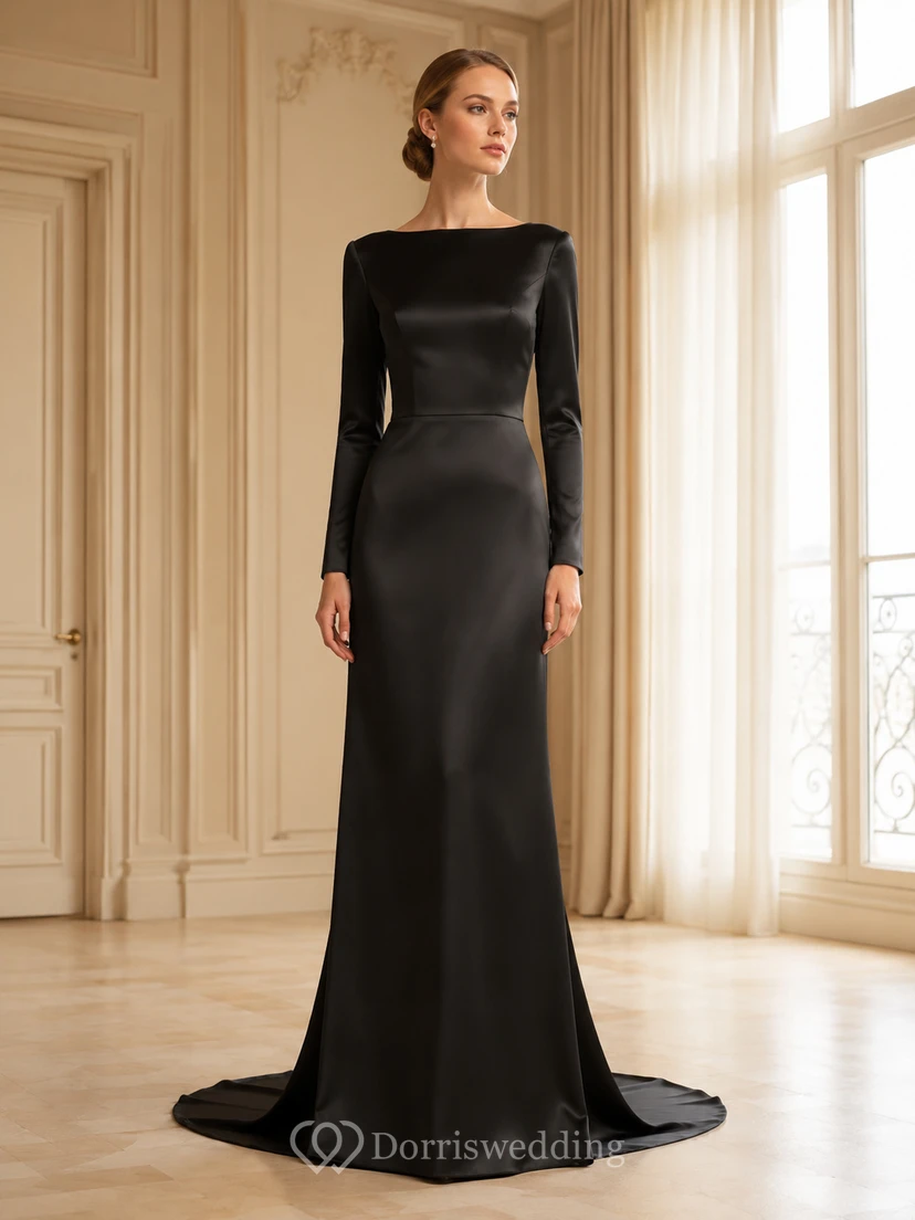 Robe de mariée moderne et pudique en satin noir à manches longues et coupe bateau