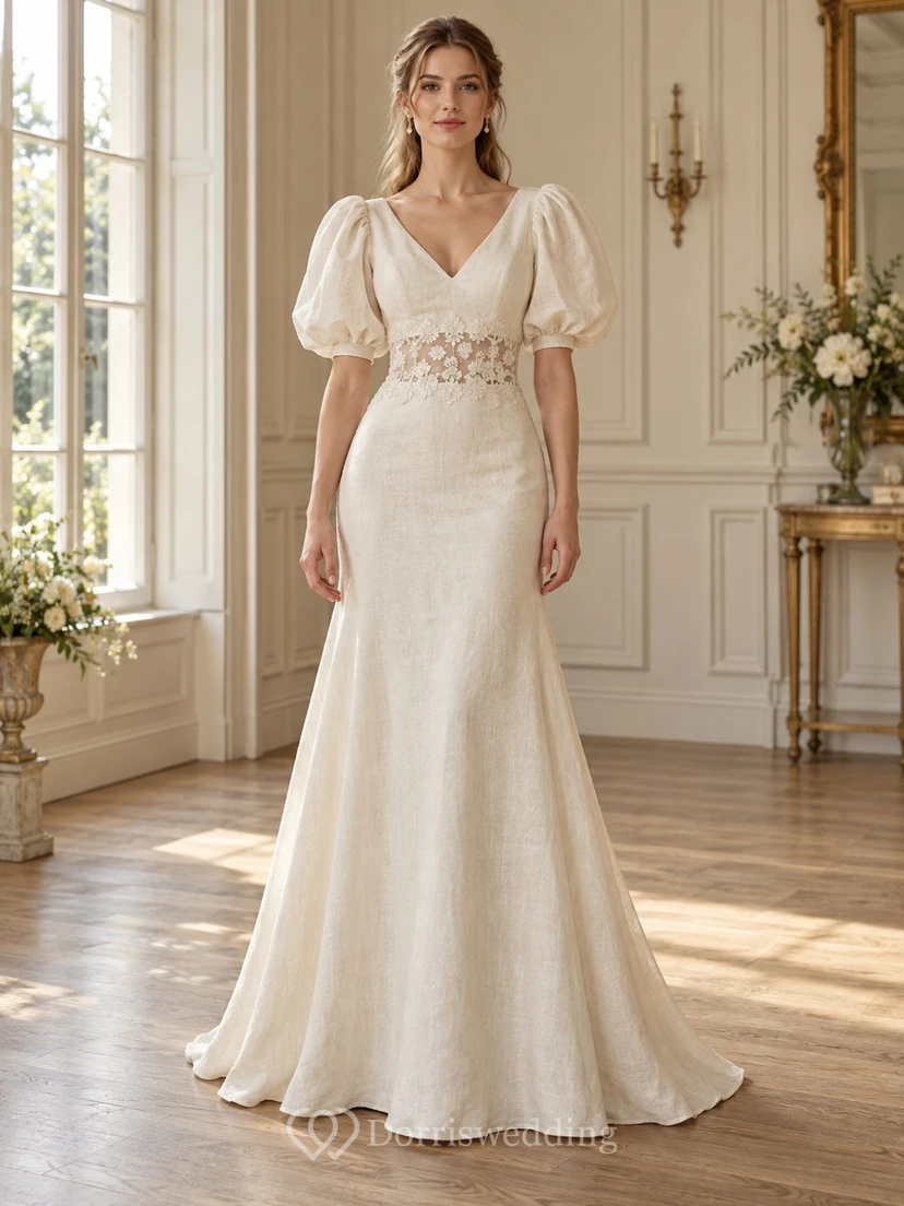 Robe de mariée sirène en lin, col V, manches bouffantes, taille en dentelle