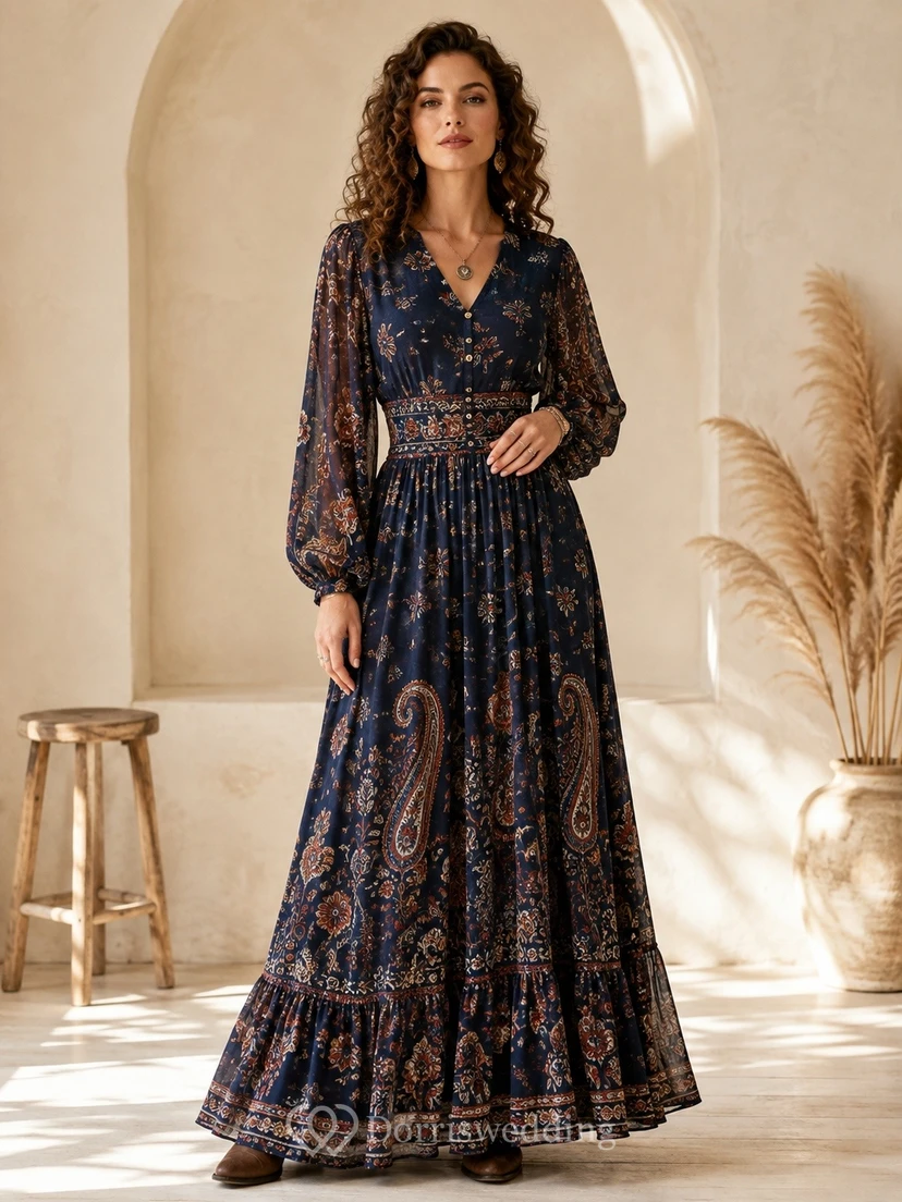 Navy Floral Print V-Neck Long Sleeve Bohemian Maxi Dress