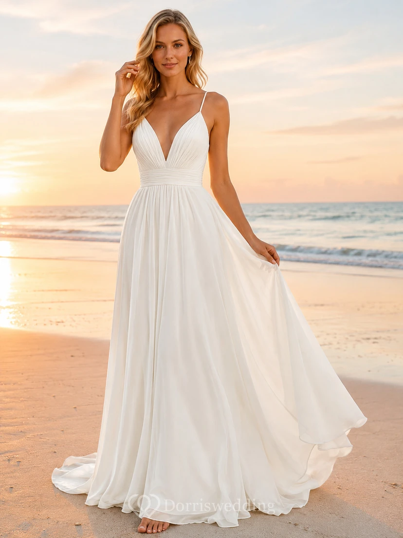 Satin Wedding Dress A-Line Strapless Sweep Train Bridal Gown