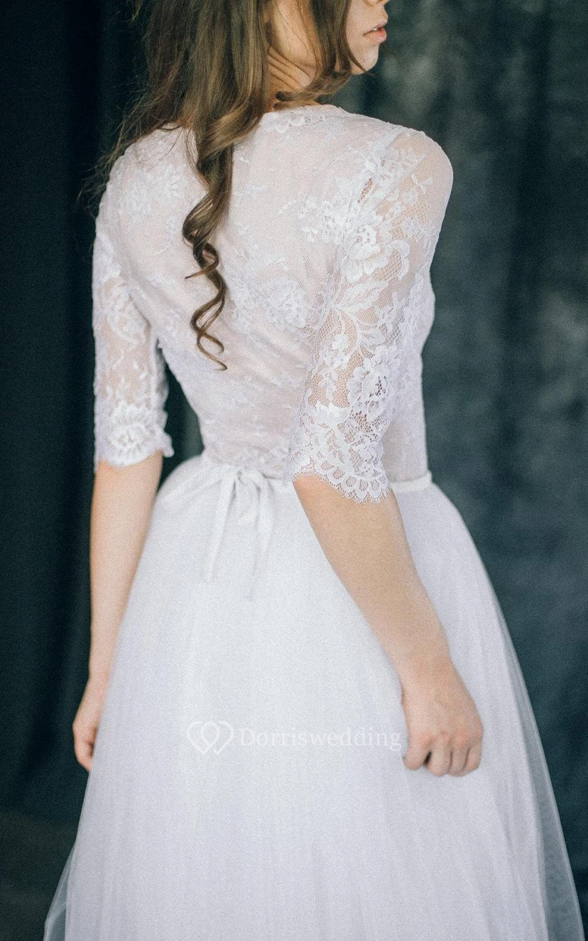 V-Neck Tulle Lace Satin Weddig Long Sleeve Bridesmaid Dress view 3