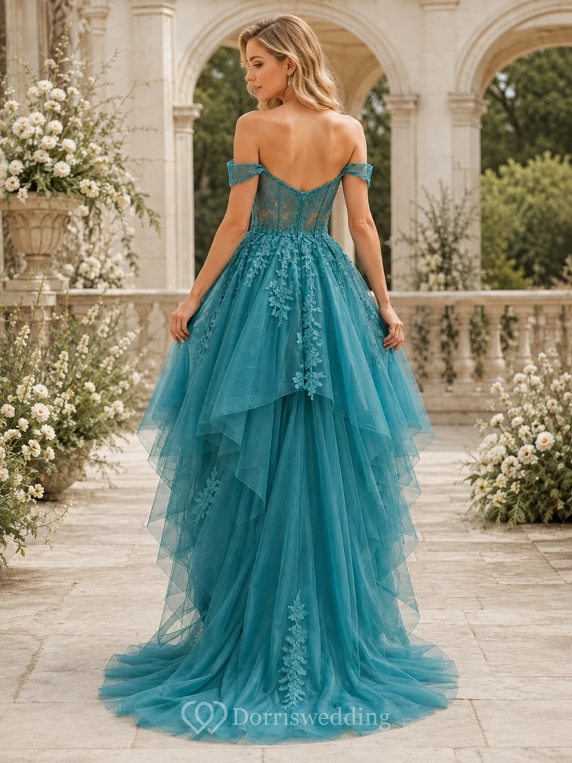 Sky Blue Off-Shoulder Applique Tulle Layered High-Low Romantic Wedding Dress view 2