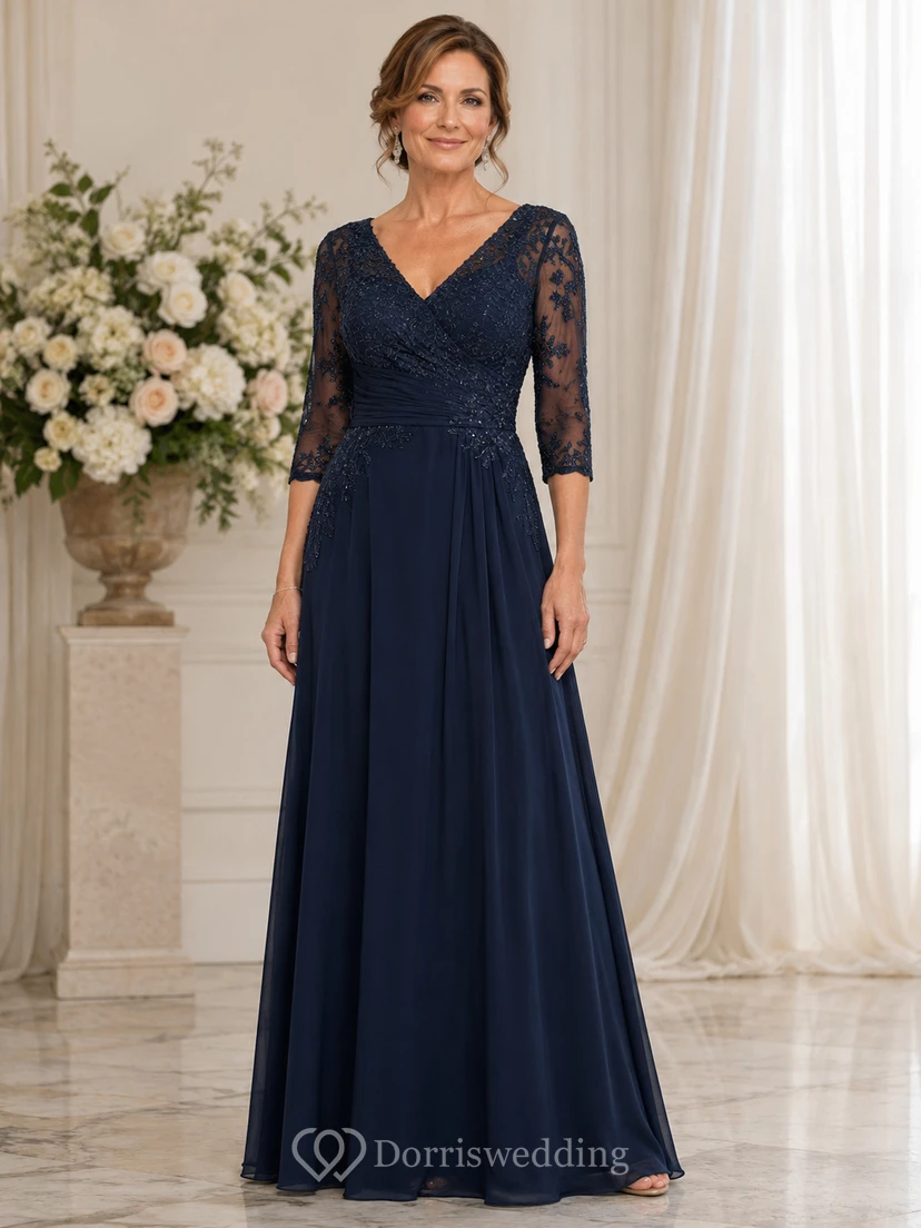 Dark Navy Lace Sleeve Floor-Length Mother of the Bride Gown