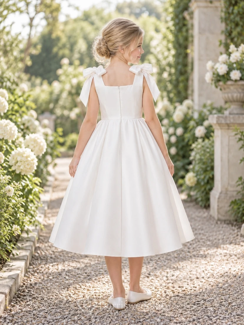 Simple Tea-length Square Neck White Sleeveless Shoulder Bow Gathered Satin Natural Waist Flowergirl Dress view 2