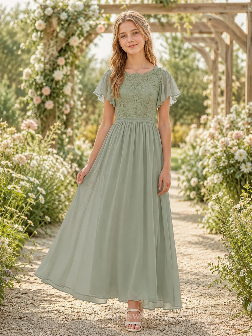 Mintgrünes Brautjungfernkleid im A-Linien-Stil mit kurzen, juwelenbesetzten Ärmeln und Spitzendetails im Boho-Stil