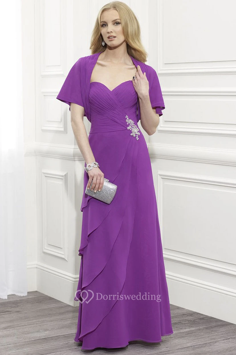 Poet Sleeve Sweetheart Criss-Cross Chiffon Mother Of The Bride Dress