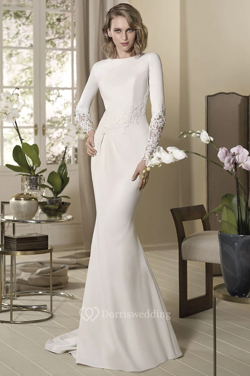 Sheath Long-Sleeve High-Neck Appliqued Floor-Length Jersey Wedding Dress