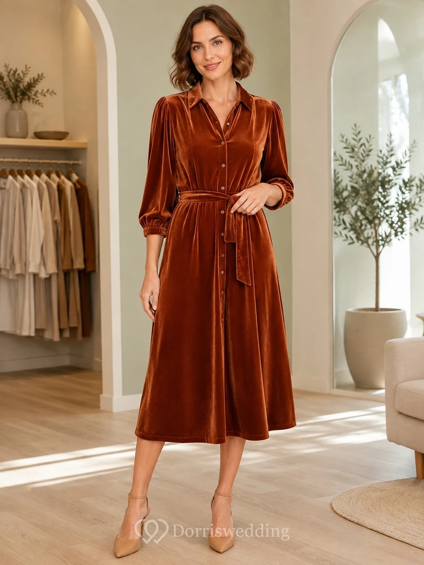 Orange Notched Neck Long Puff Sleeve Sash Velvet A-Line Tea-Length Vintage Dress