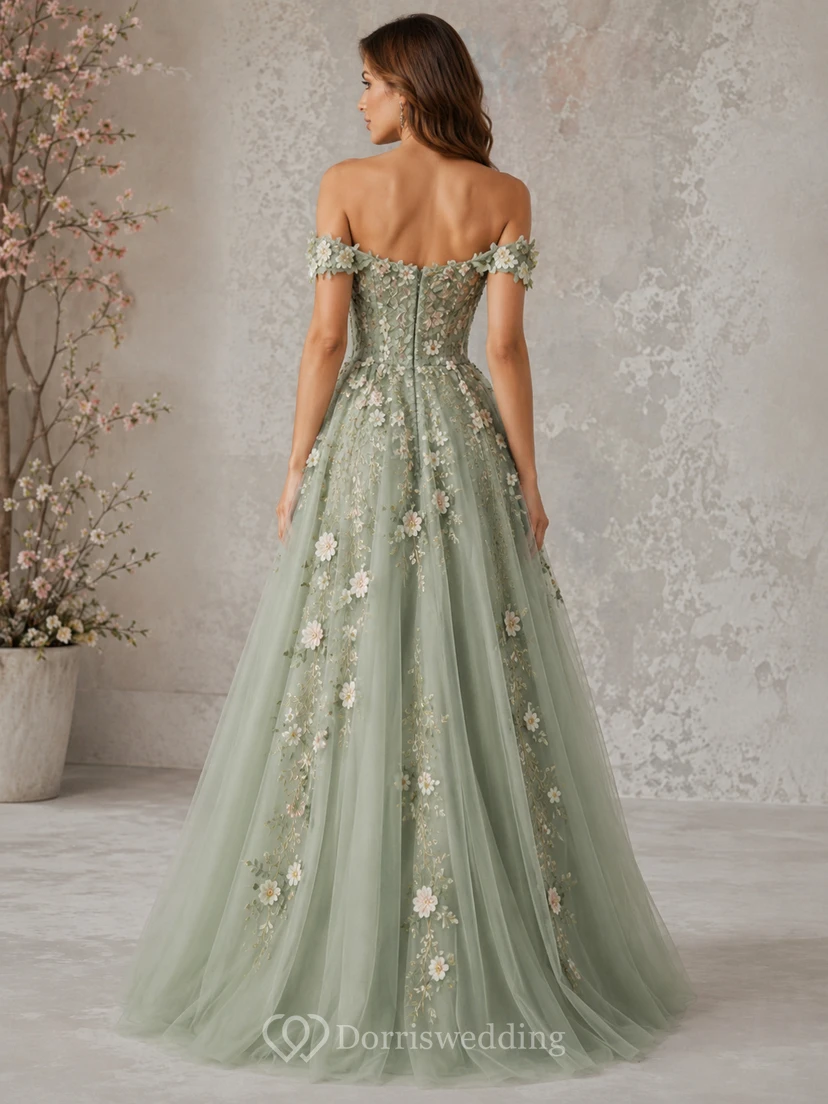A-Linien-Abendkleid aus Spitze mit schulterfreiem, ärmellosem Design und Blumenapplikationen, bodenlang view 2