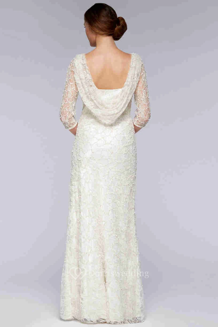 Sheath Scoop-Neck 3-4-Sleeve Lace Wedding Dress view 2