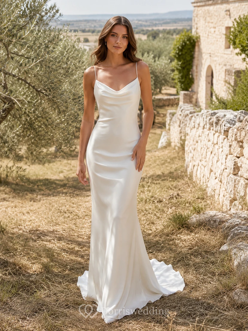 Robe de mariée fourreau en satin satiné à dos nu et col châle, dos nu et col châle, style simple.