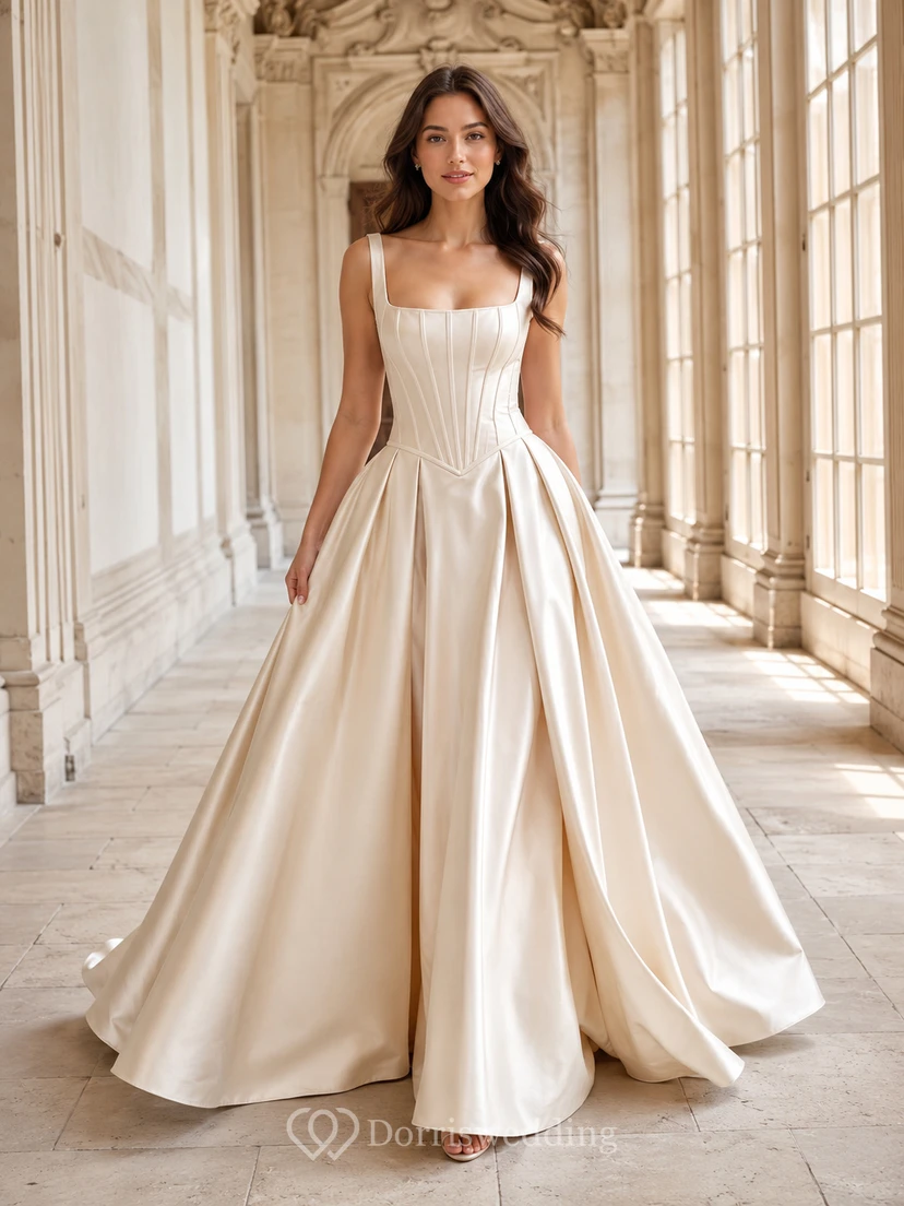 Robe de mariée longue en satin à col carré et basque, col carré, longueur au sol.