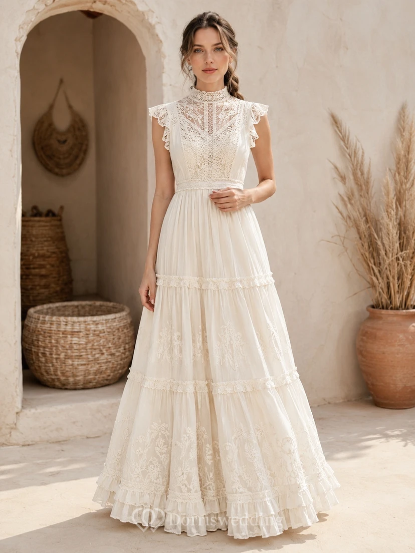 Modest High Neck Lace Tiered Chiffon A Line Bridal Wedding Dress