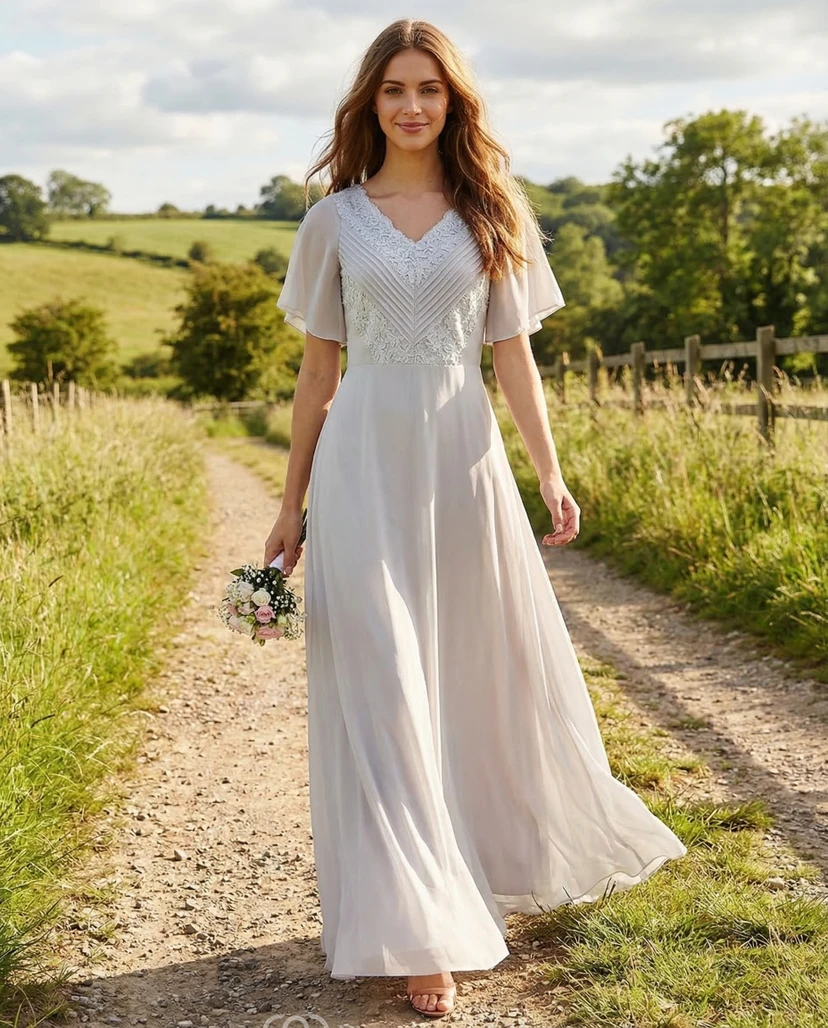 Poet Sleeve Ruched V-Neck Chiffon Gown