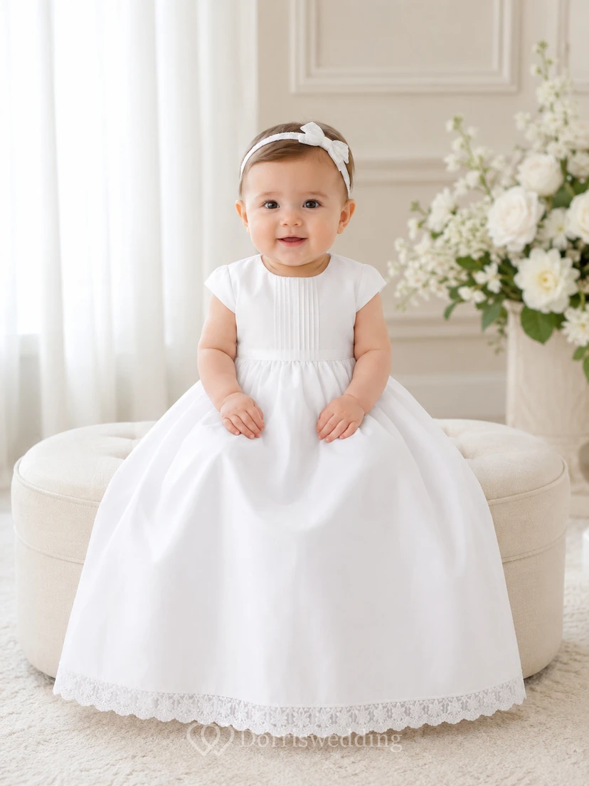 Schlichtes Taufkleid für Babys, A-Linie, knielang, mit Rundhalsausschnitt, kurzen Ärmeln, Satinschleife am Rücken, Knopfleiste am Rücken