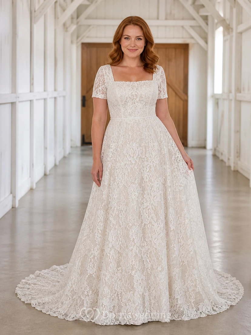 Modest Short Sleeve A-Line Square Neck Botanical Lace Cathedral Train Wedding Gown
