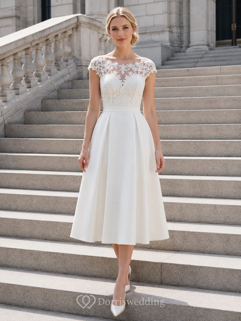 Vestido de novia midi de corte A con corpiño de encaje y efecto ilusión, estilo juzgado.