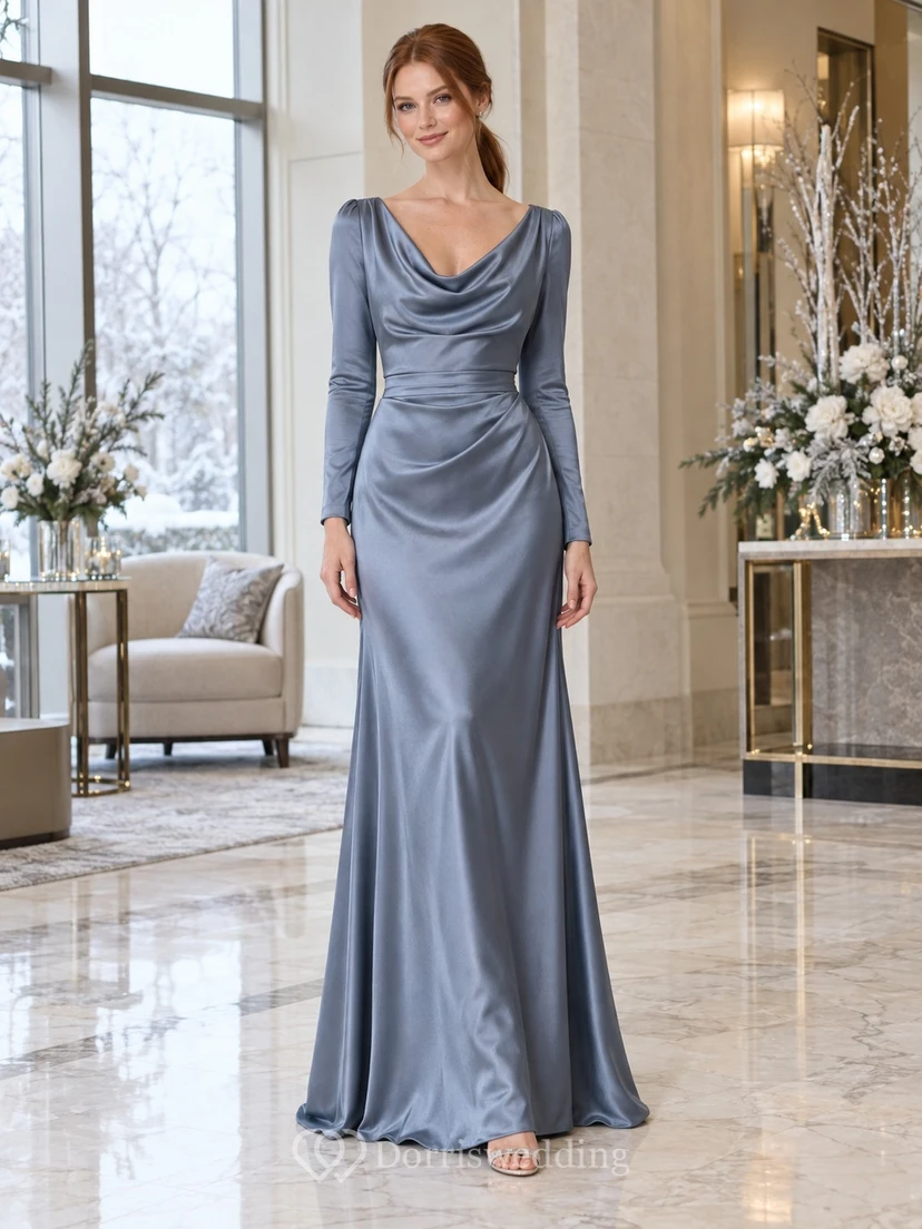 Winter Wedding Steel Blue Satin Cowl-Neck Long Sleeve Floor-Length Bridesmaid Dress