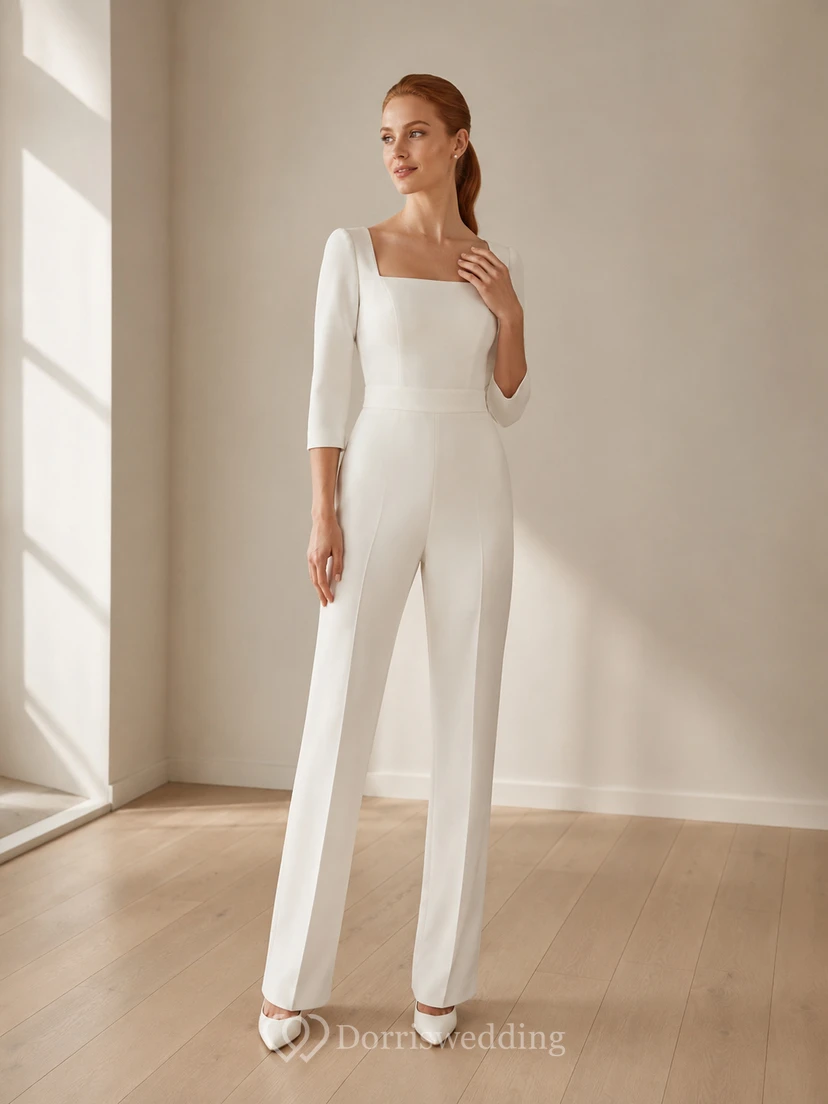Combinaison de mariage minimaliste en satin, col bateau, manches 3/4, longueur au sol
