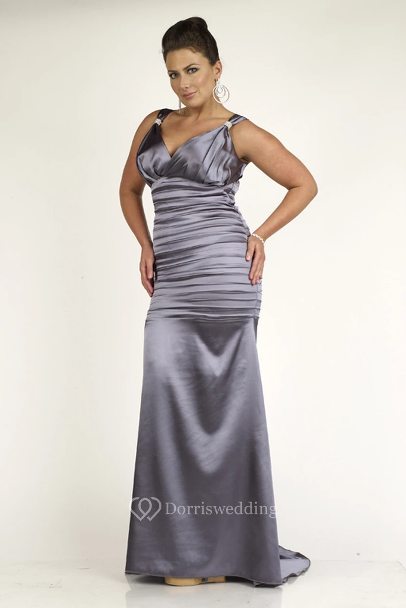 Sheath Floor-length V-neck Sleeveless Satin Ruching Sweep Train Low-V Back Dress