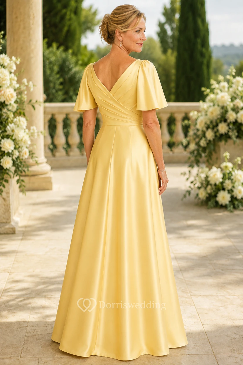 MOB-Kleid, Narzissengelb, Satin, A-Linie, Volantärmel, V-Ausschnitt, bodenlang, gerafft view 2