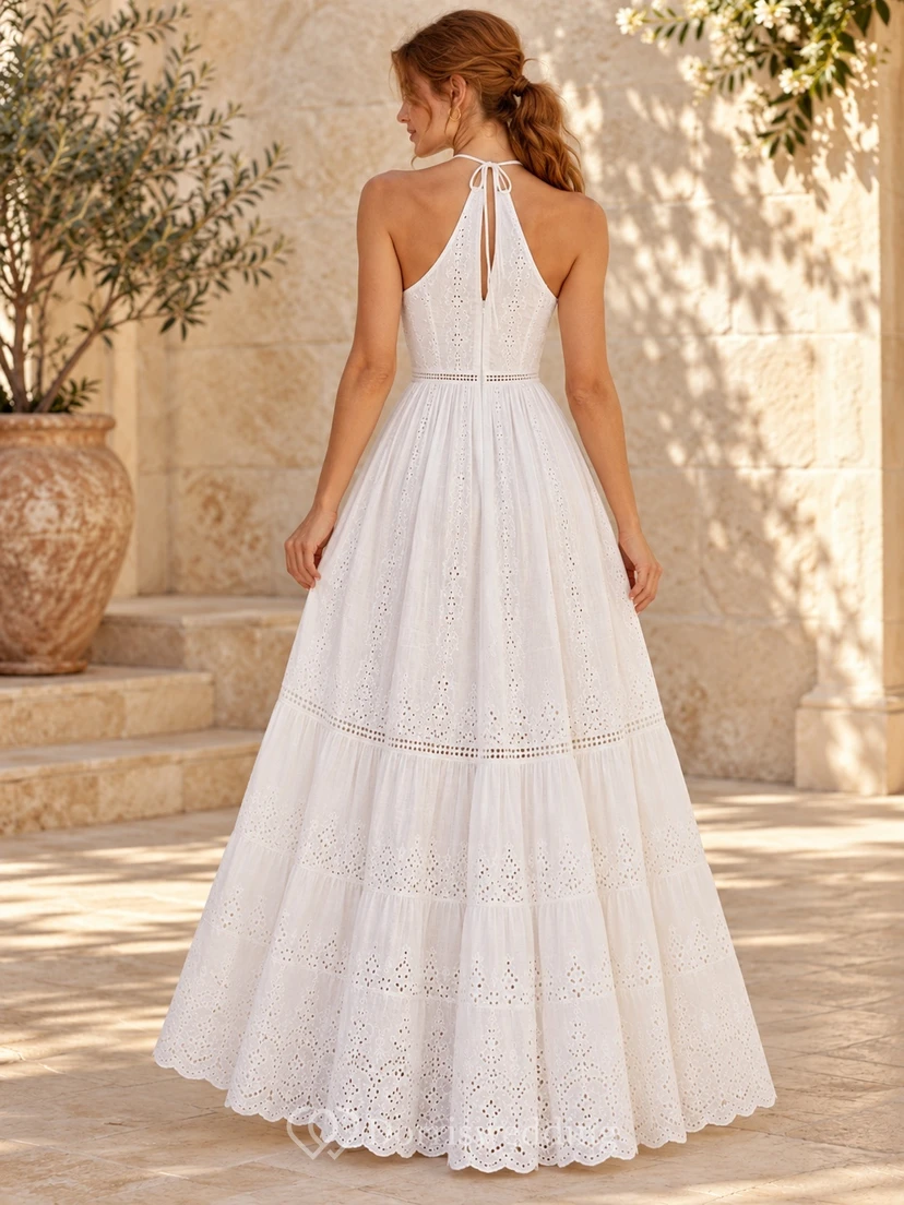 Robe longue bohème blanche dos nu en dentelle ajourée à volants et longueur cheville view 2