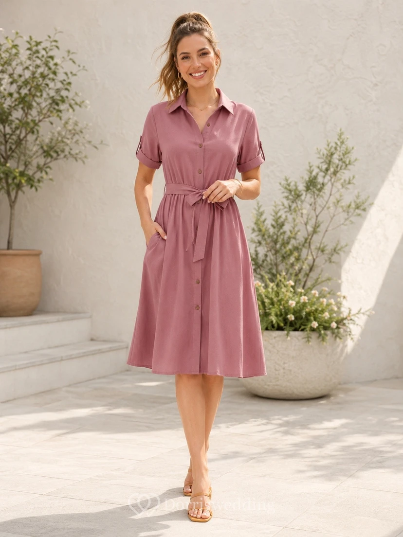Mauve Satin Wrap V-Neck Short-Sleeve A-Line Midi Dress