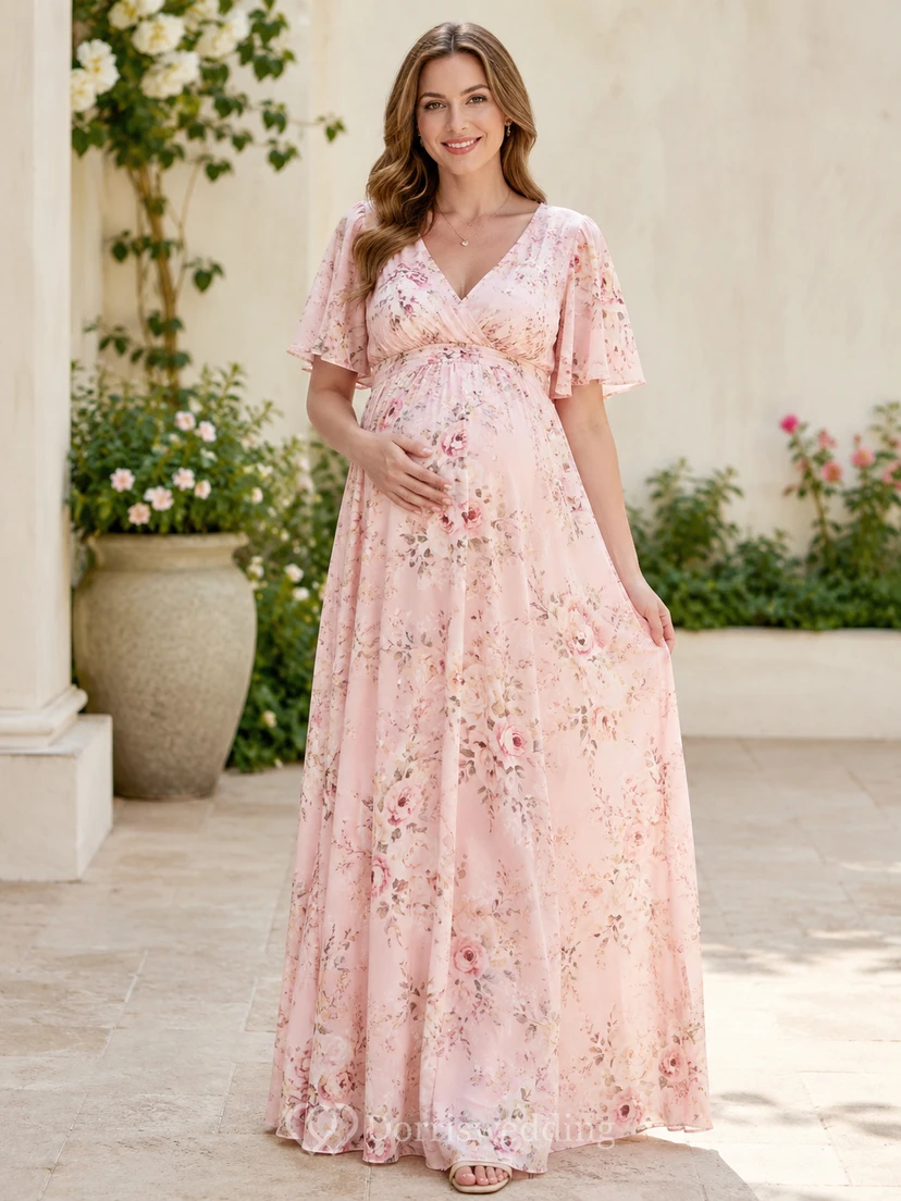 Vestido de jardín largo hasta el suelo con escote en V y mangas con volantes, estampado floral rosa empolvado.