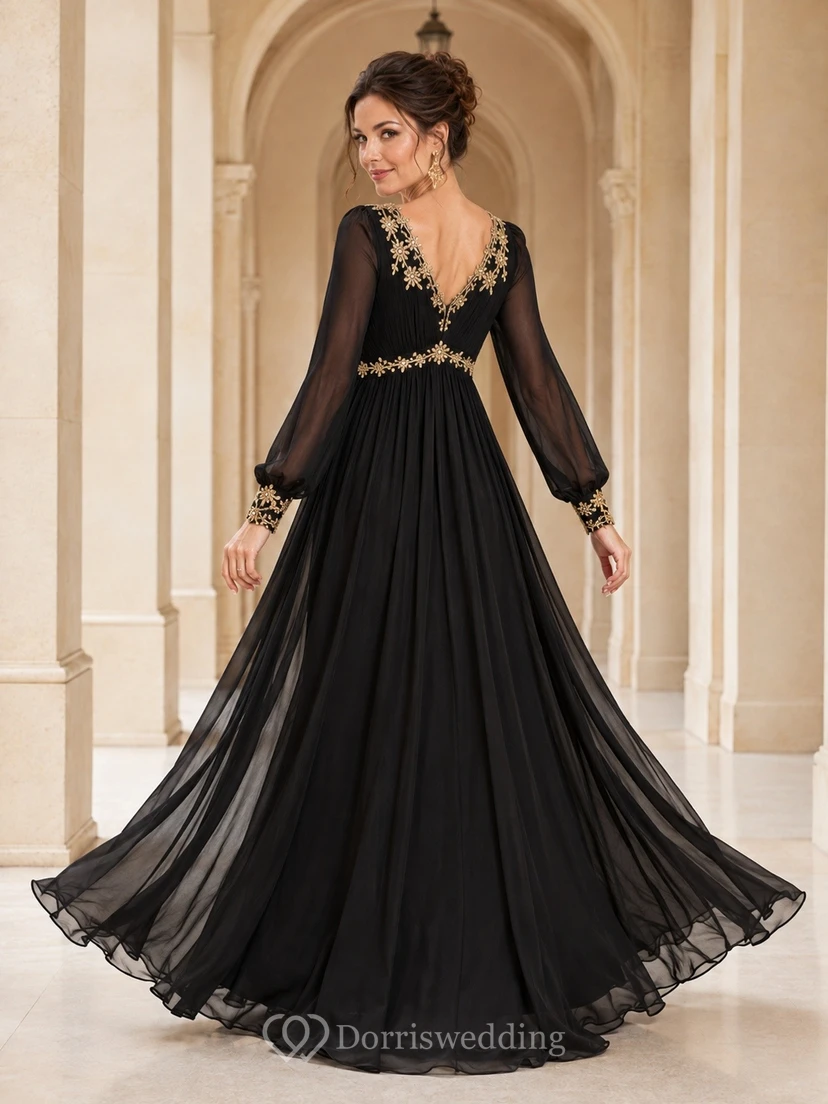 Black Gold Beaded Lace Long Sleeve Tulle A-Line Evening Gown Dress view 2
