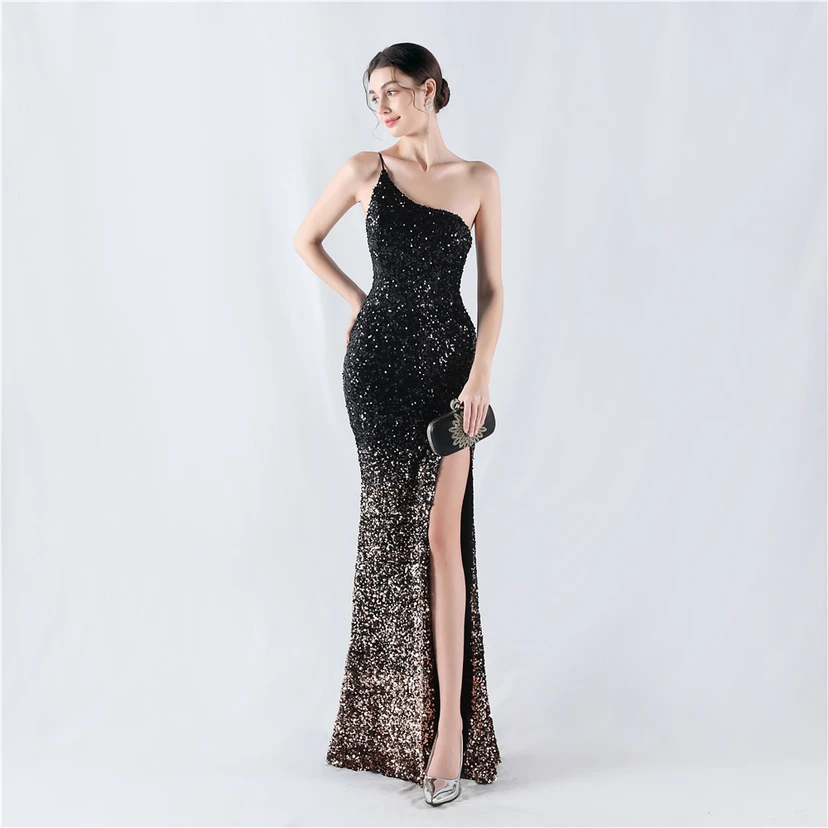 Sexy Abendkleid mit Samtsaum, Farbverlauf, Pailletten, hohem Schlitz und schräger Schulterpartie view 65
