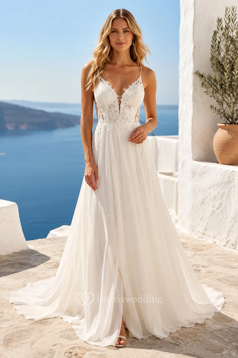 Boho-Hochzeitskleid mit Spaghettiträgern und A-Linie