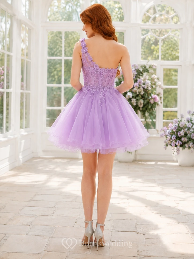 Lavendelfarbenes Minikleid aus Tüll mit floraler Spitze, eckigem Ausschnitt und A-Linien-Schnitt zum 16. Geburtstag view 2