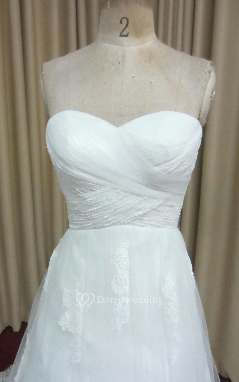 Sweetheart A-Line Lace Gown With Ruched Crisscross Bodice and Lace-Up Back view 2