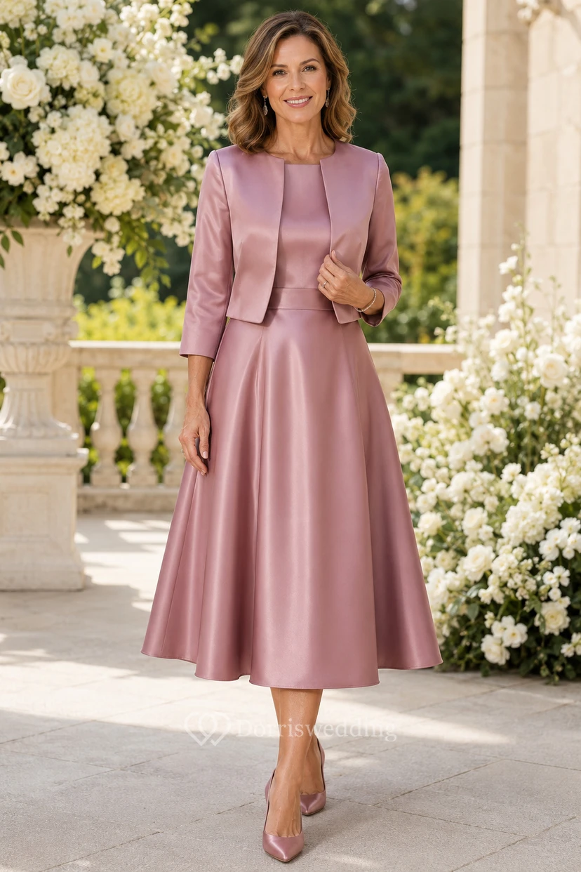 Mauvefarbenes Satin-Kleid in Teelänge und A-Linie mit passender Jacke