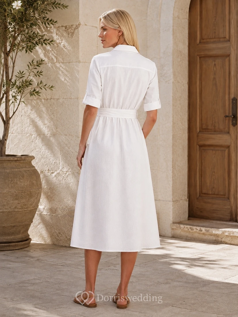 White Short Sleeve Notched Collar Tea-Length Linen A-Line Shirt Dress view 2