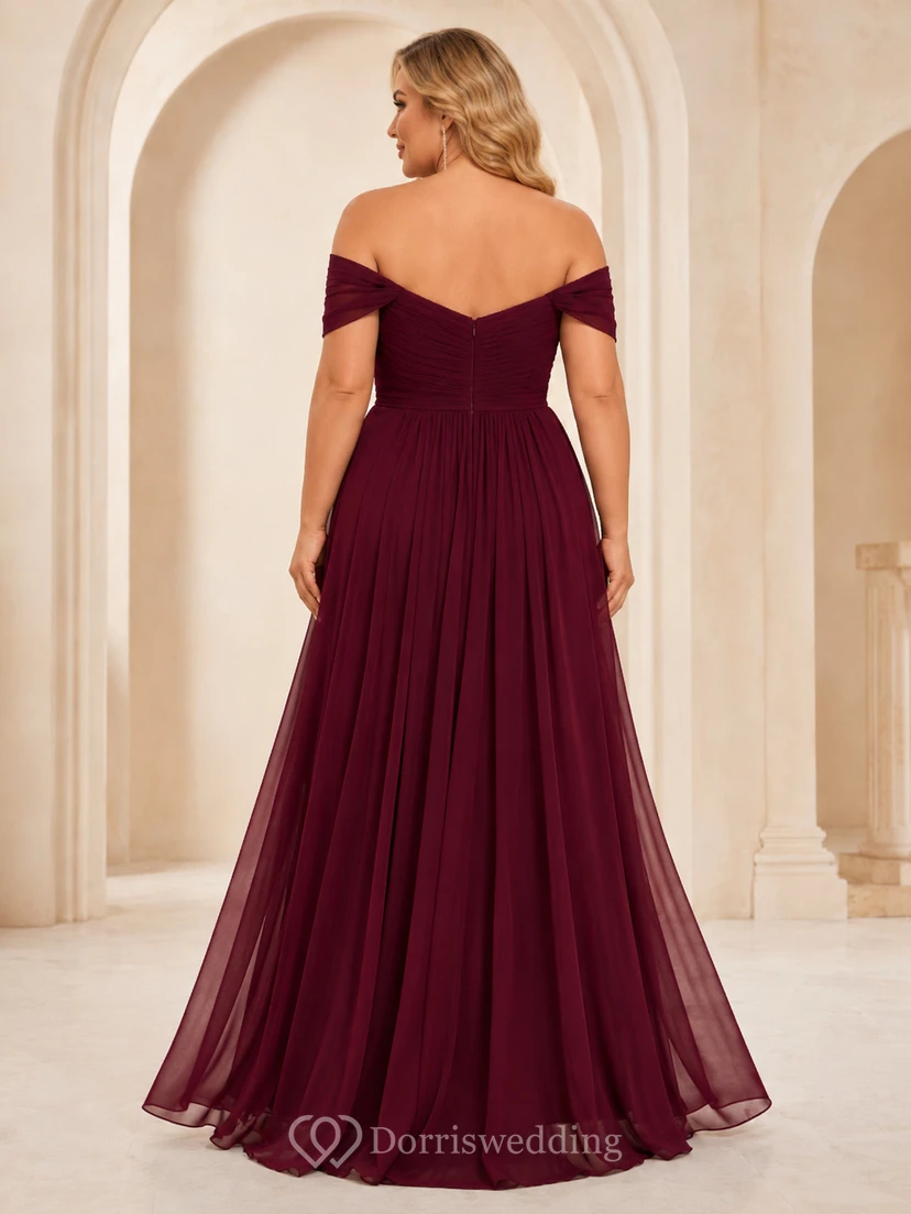 Burgunderfarbenes Chiffon-Abendkleid in Übergröße mit schulterfreiem A-Linien-Schnitt view 2