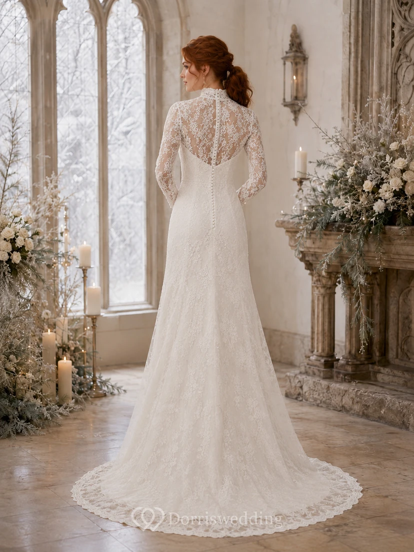 Vestido de novia de invierno modesto, de cuello alto y corte recto con encaje. view 2