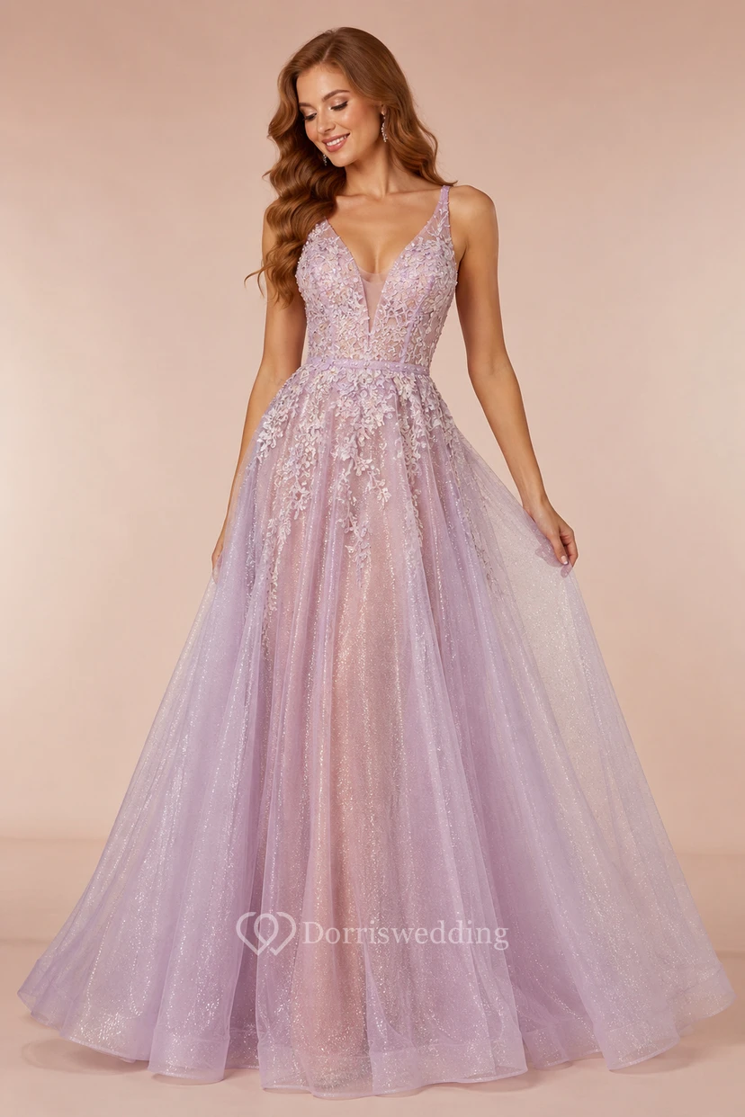 Abendliches A-Linien-Kleid aus lavendelfarbenem Glitzertüll mit V-Ausschnitt und Applikationen am Oberteil