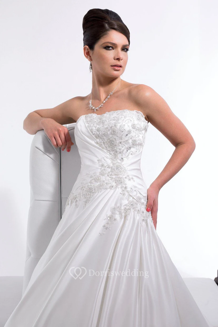 A-Line Appliqued Long Sleeveless Strapless Satin Wedding Dress With Draping And Corset Back view 3