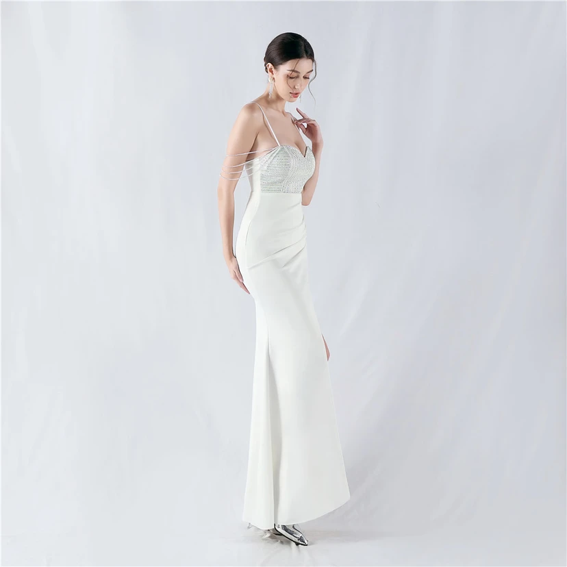 Hot Diamond Beaded High-Slit Satin Sexy Sling Evening Dress view 34